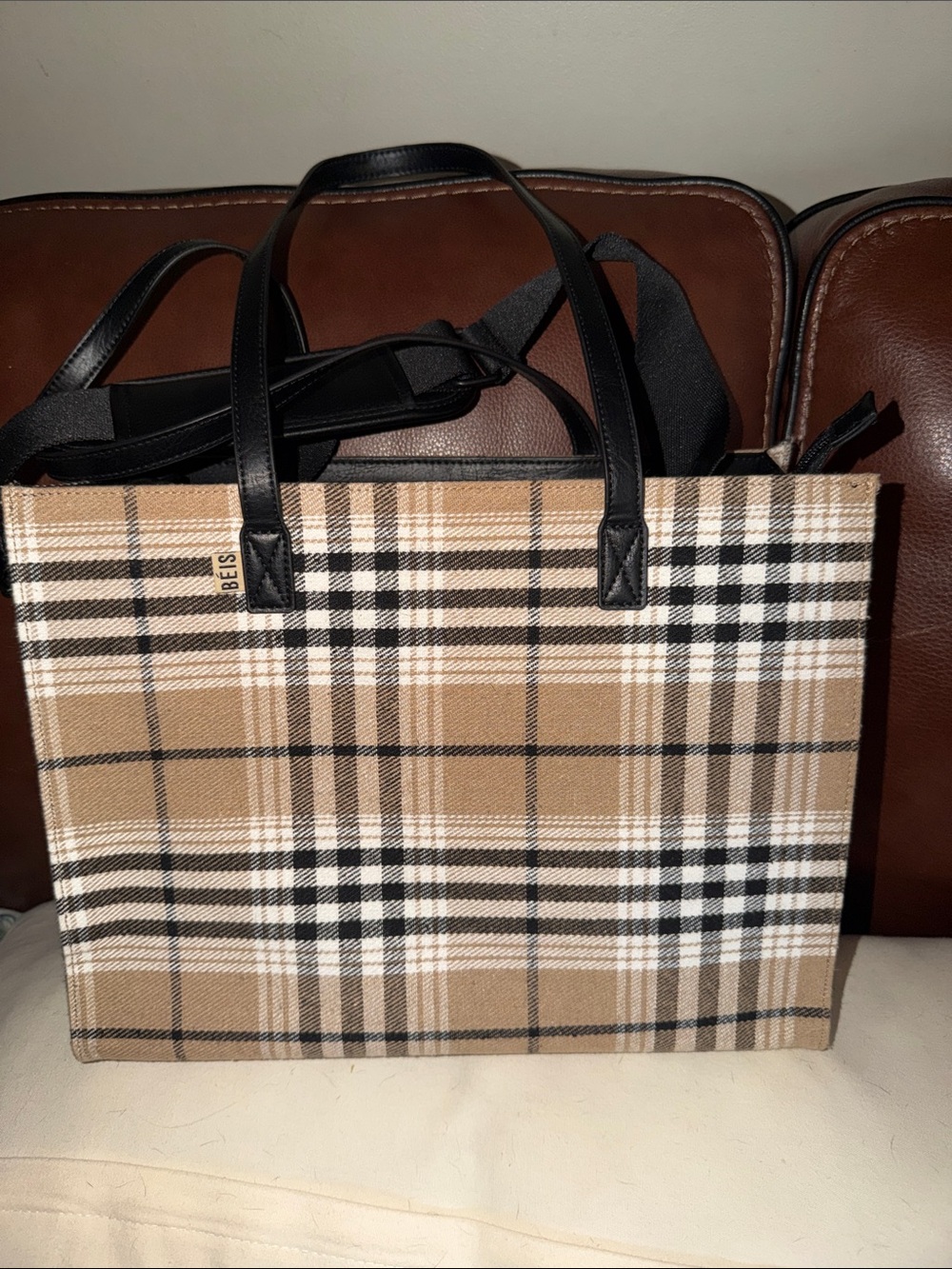 BEIS Classic Plaid Tote Bag in Beige and Black